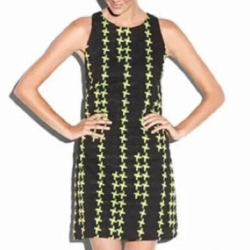 Milly Mini Dress Black Silk Blend Green Cross Pattern Sleeveless Shift